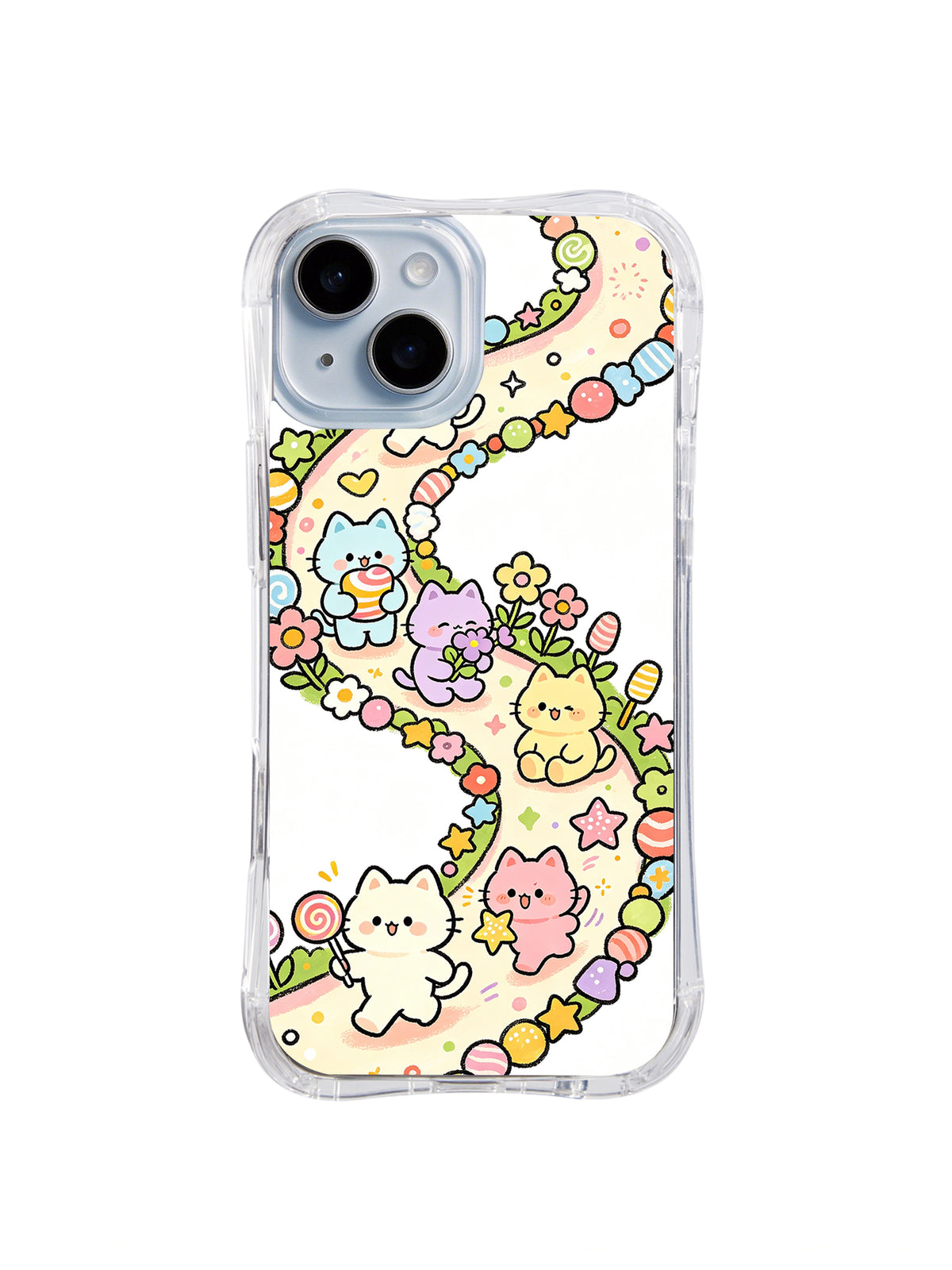 Candy Path Cat Friends: Pastel cats follow winding candy paths among flowers and stars.