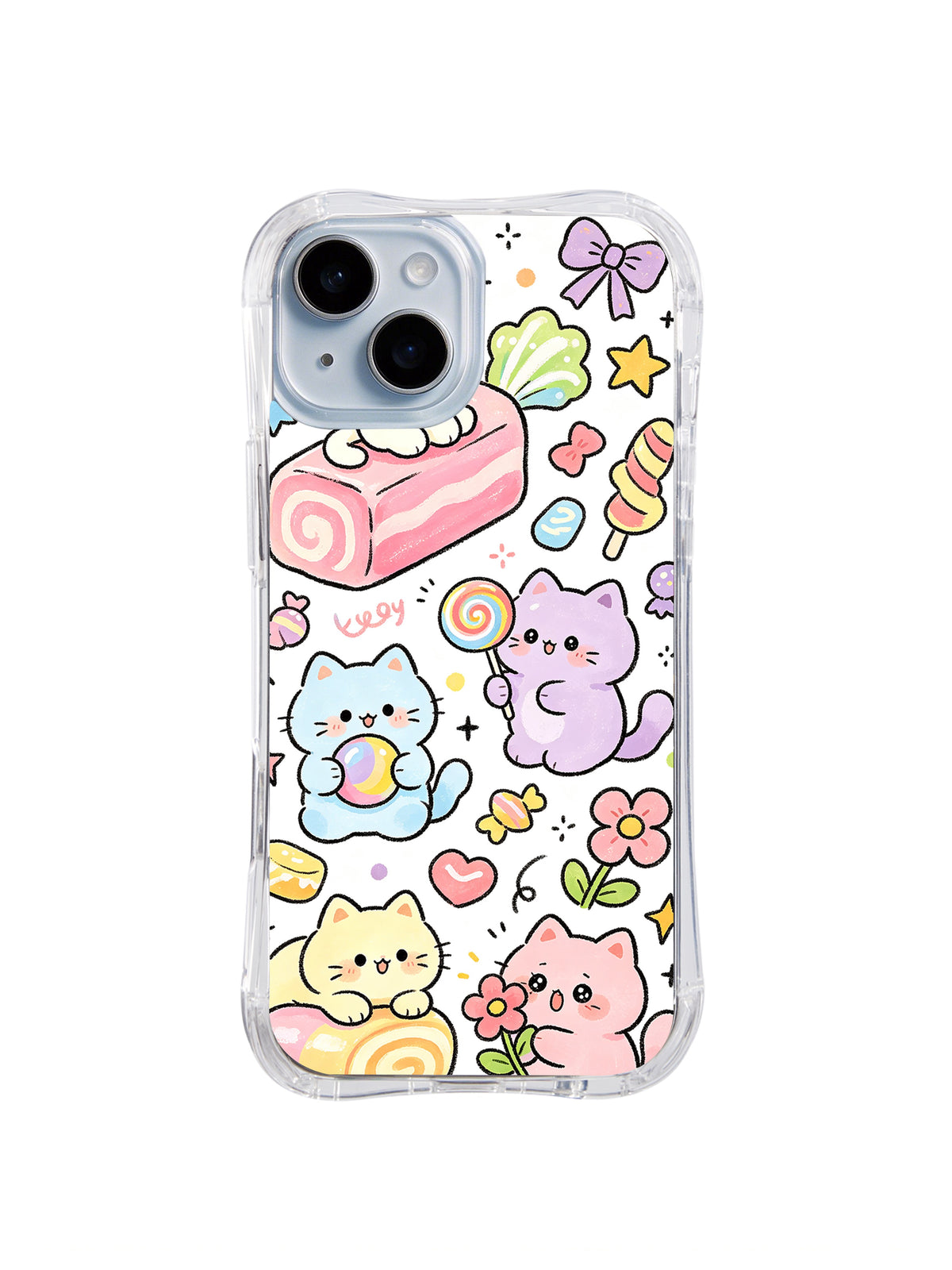 Sweet Cat Party: Pastel cats play among cake, roll candy, bows, leaves and stars.