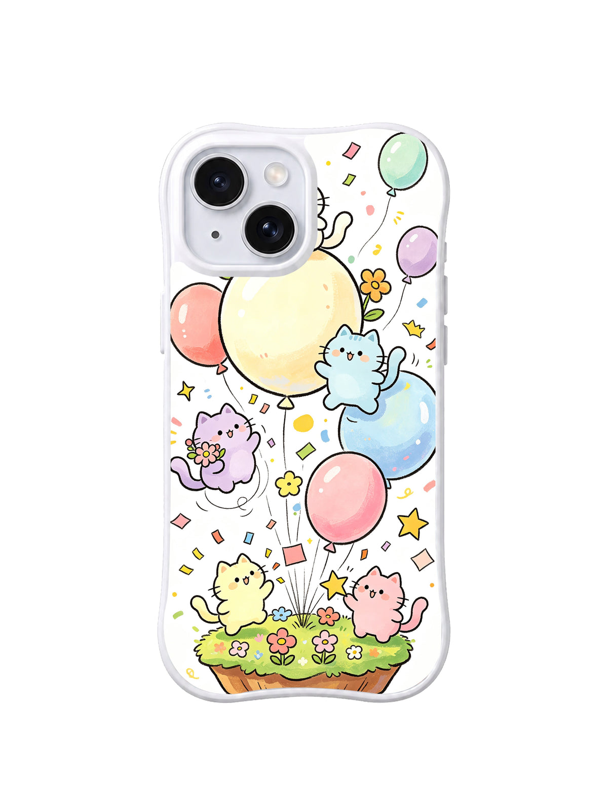Balloon Meadow Cat Flight: Pastel kediler küçük çiçek çayırının üzerinde büyük balonlarla süzülür.