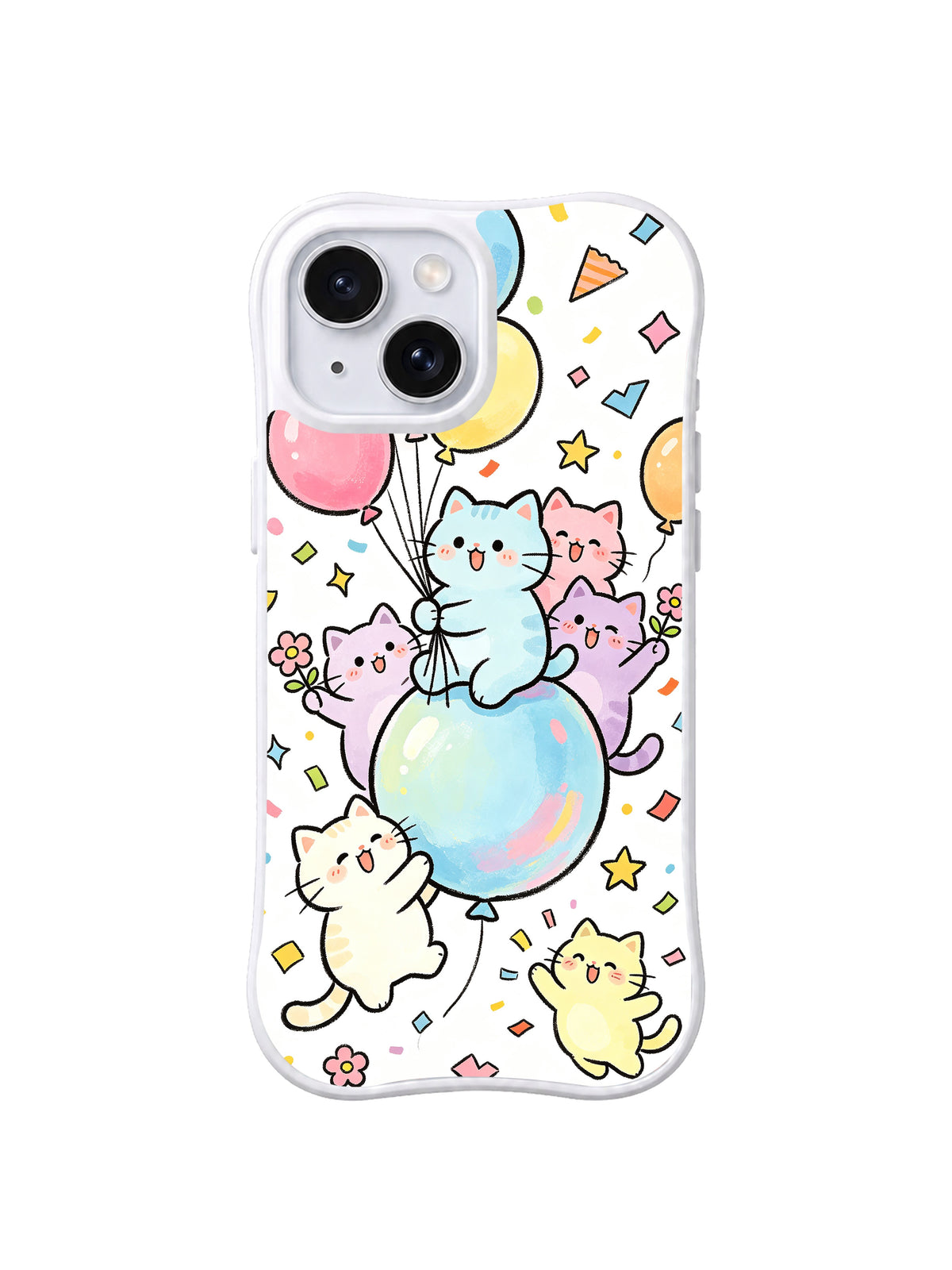 Big Balloon Cat Ride: Pastel kediler konfetiler arasında büyük yuvarlak balonlara biner ve onları tutar.