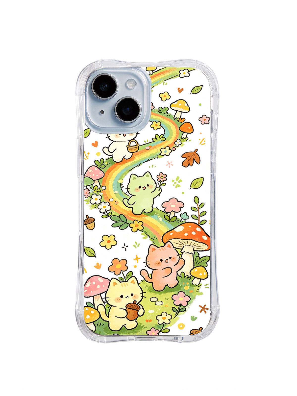 Rainbow Forest Cat Path: Kediler mantarlar, çiçekler ve düşen yapraklar arasında kıvrılan gökkuşağı yolunu izler.