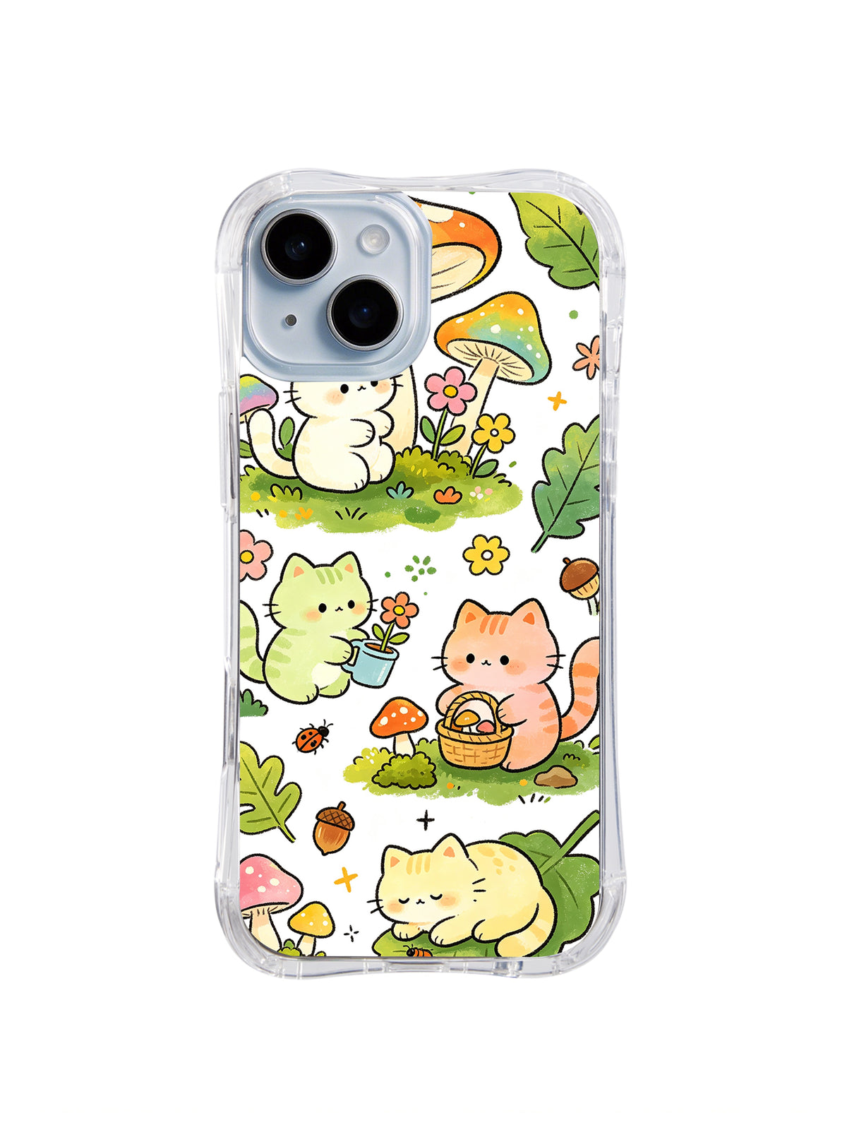 Forest Picnic Cat Day: Kediler mantarlar, çiçekler, meşe palamutları ve geniş yapraklar arasında piknik yapar ve dinlenir.