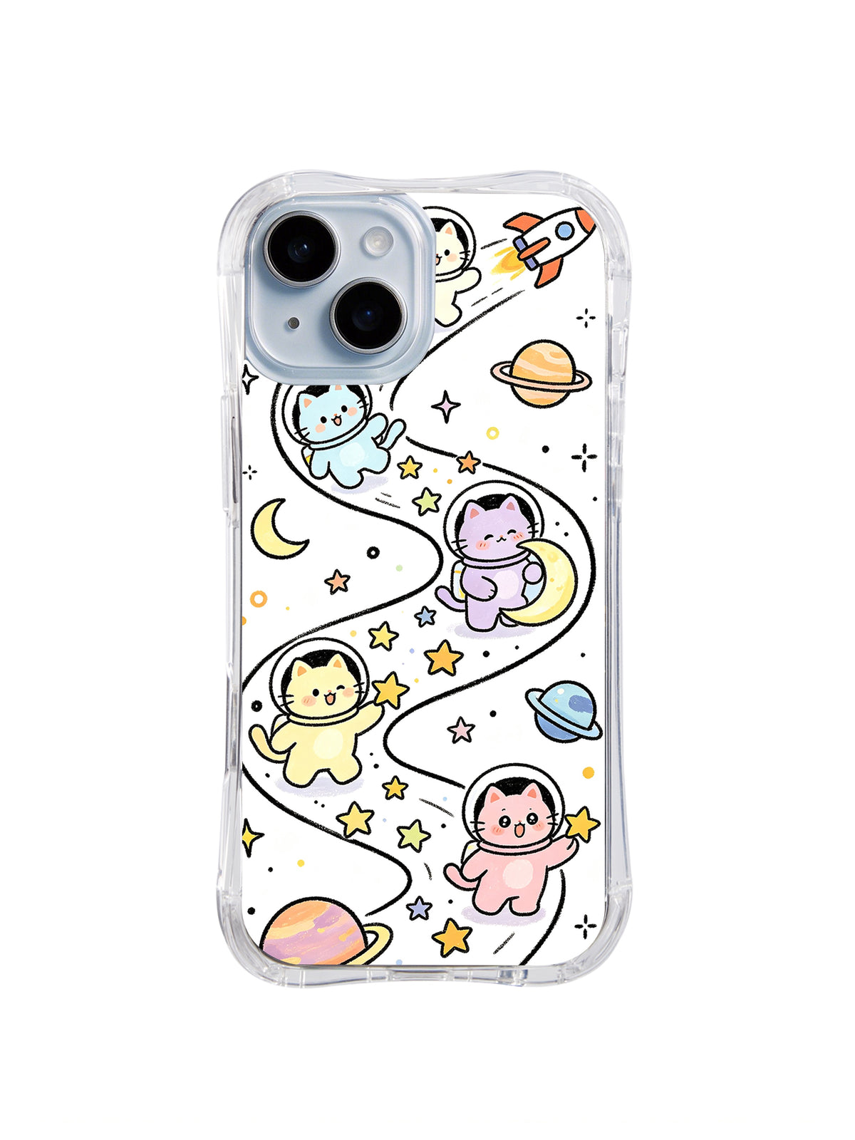 Star Path Cat Astronauts: Pastel kedi astronotlar roketler, aylar ve halkalı gezegenler arasında kıvrılan yıldız yolunu izler.