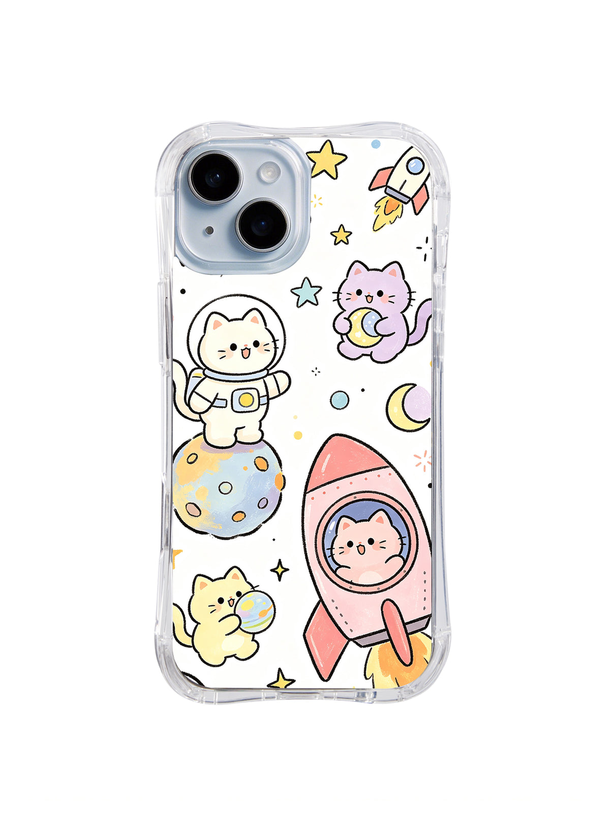 Rocket Launch Cat Crew: Kedi astronotlar büyük pembe roket, sarı ay, gezegenler ve küçük yıldızların çevresinde süzülür.