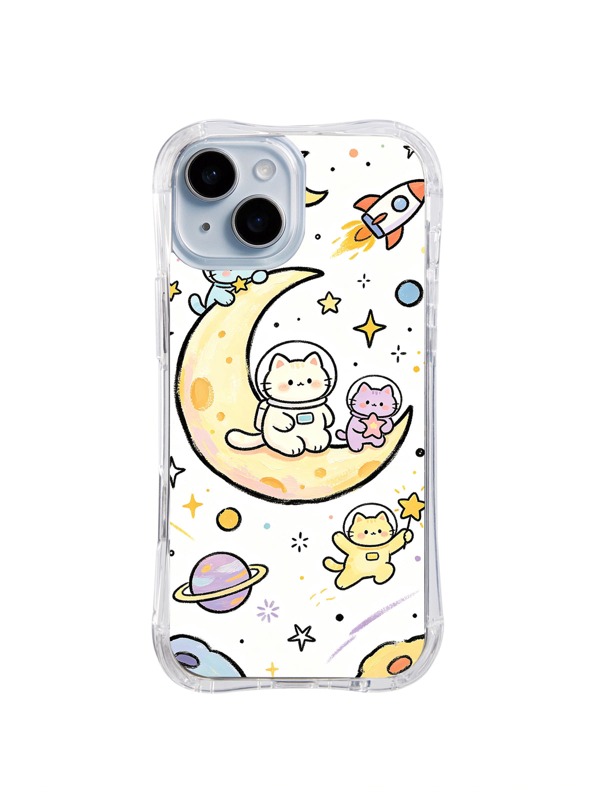 Moon Orbit Cat Friends: İki kedi astronot roket, gezegenler ve parlak yıldızların altında sarı hilalin üzerinde durur.