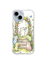 Secret Garden Gate Cats: Pastel cats gather at a flower-covered garden gate beneath butterflies and leafy arches.