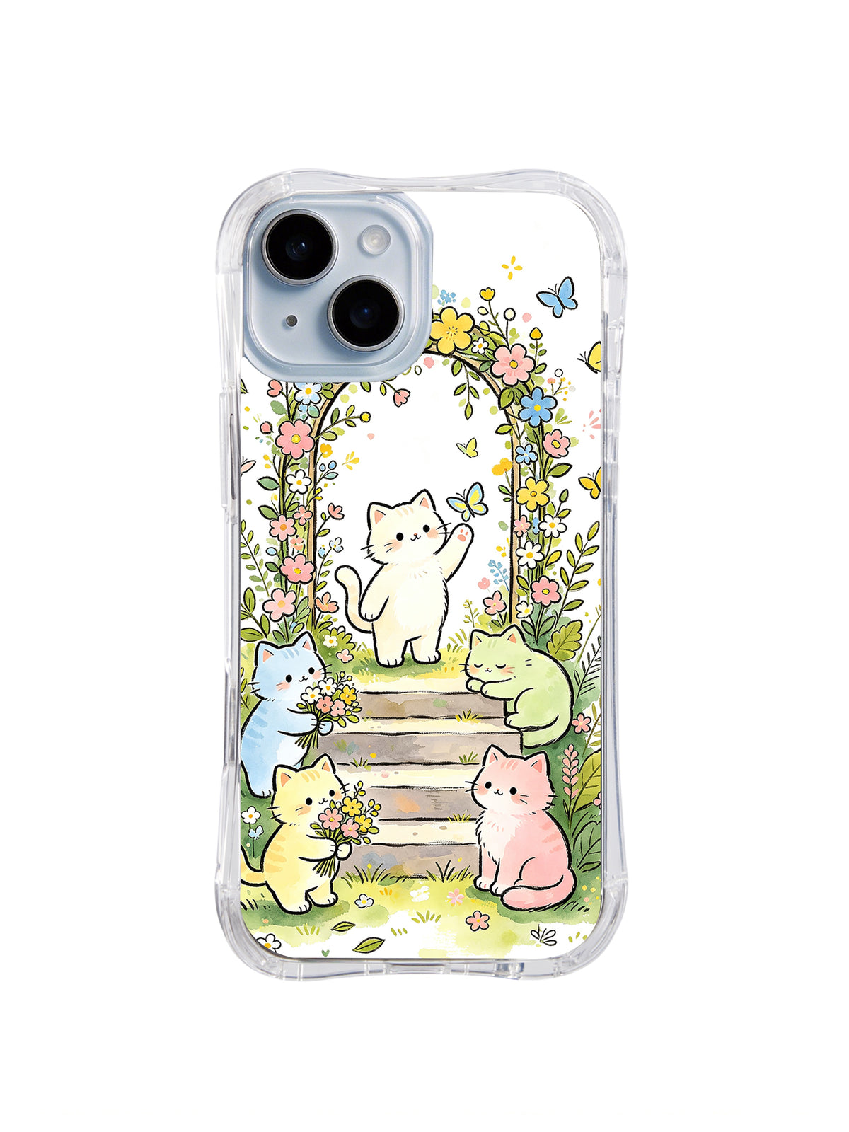 Secret Garden Gate Cats: Pastel cats gather at a flower-covered garden gate beneath butterflies and leafy arches.