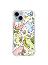 Blue Butterfly Cat Meadow: Cream, blue, yellow, green and pink cats sit among large flowers and blue butterflies.