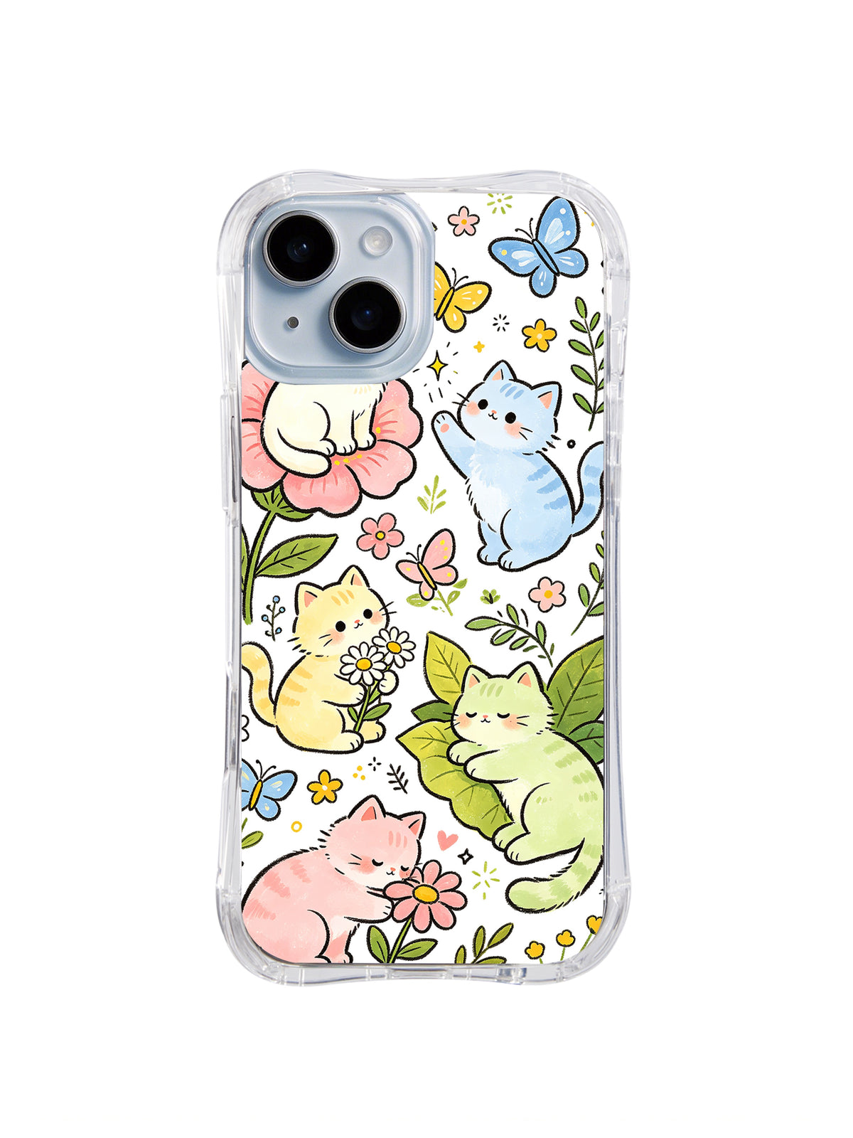 Blue Butterfly Cat Meadow: Cream, blue, yellow, green and pink cats sit among large flowers and blue butterflies.