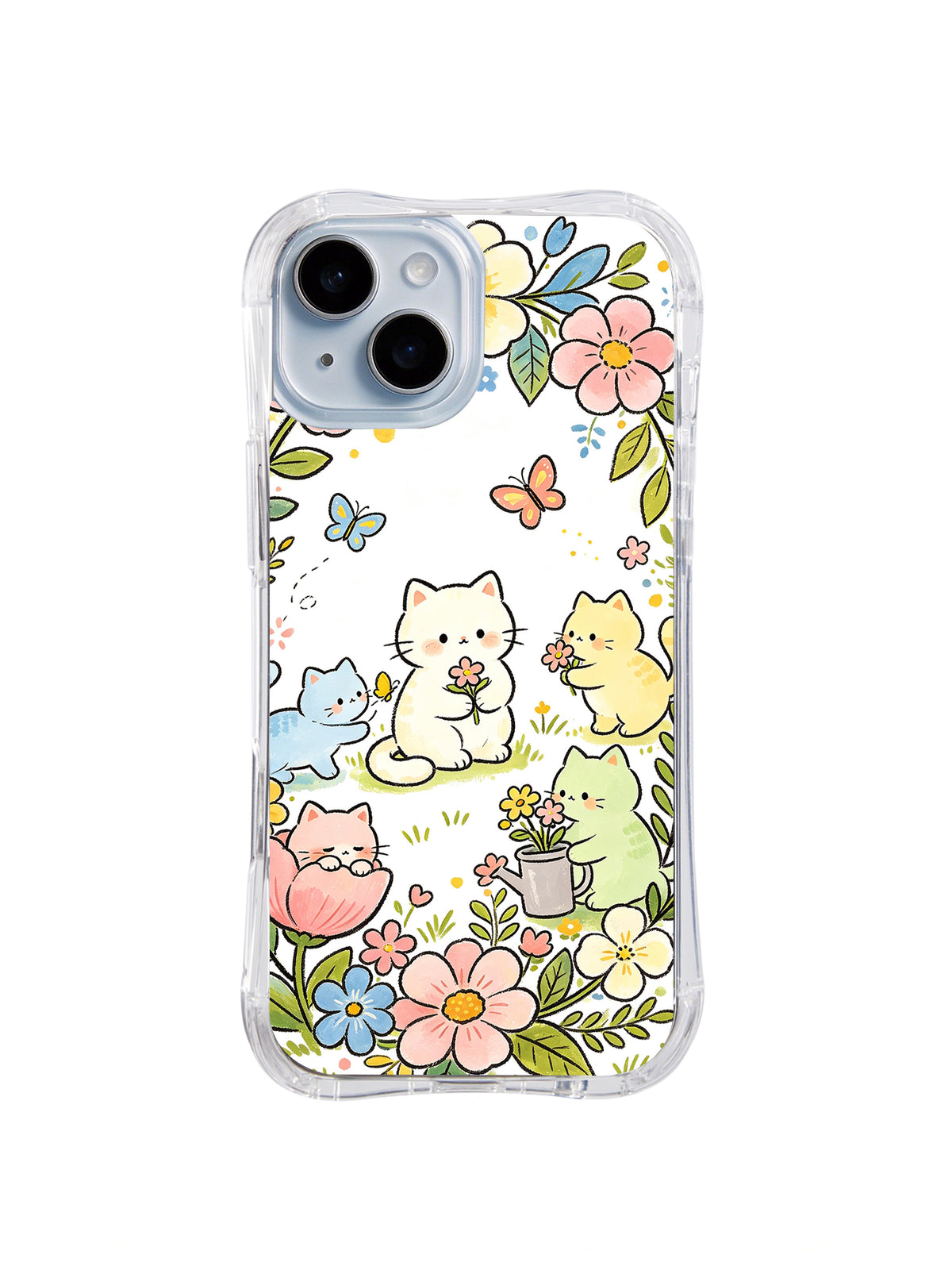 Flower Picnic Cat Friends: Pastel cats share a flower meadow with butterflies, leafy stems and a small watering can.