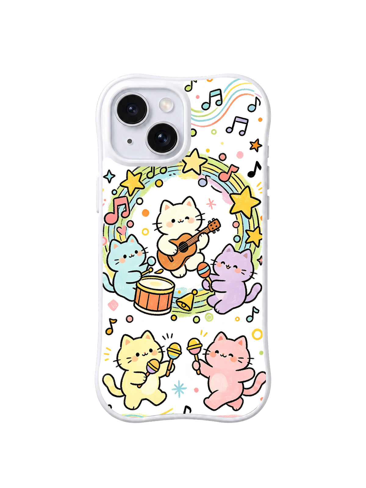 Rainbow Cat Band: Pastel cats play guitar, drums and maracas beneath music notes, stars and rainbow accents.