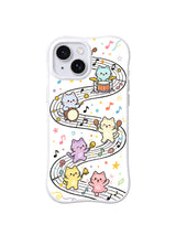 Winding Melody Cat Trail: Cats play instruments along a curling musical staff with colorful notes, stars and confetti.