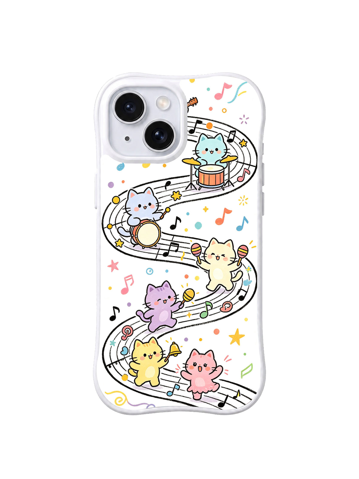 Winding Melody Cat Trail: Cats play instruments along a curling musical staff with colorful notes, stars and confetti.