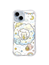 Cloud Wreath Cat Dreams: Pastel cats rest inside and around a blue cloud wreath with stars, moon, bunting and a small rainbow.
