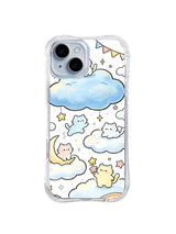 Rainbow Cloud Cat Journey: Small pastel cats ride separate blue clouds among stars, bunting and a corner rainbow.