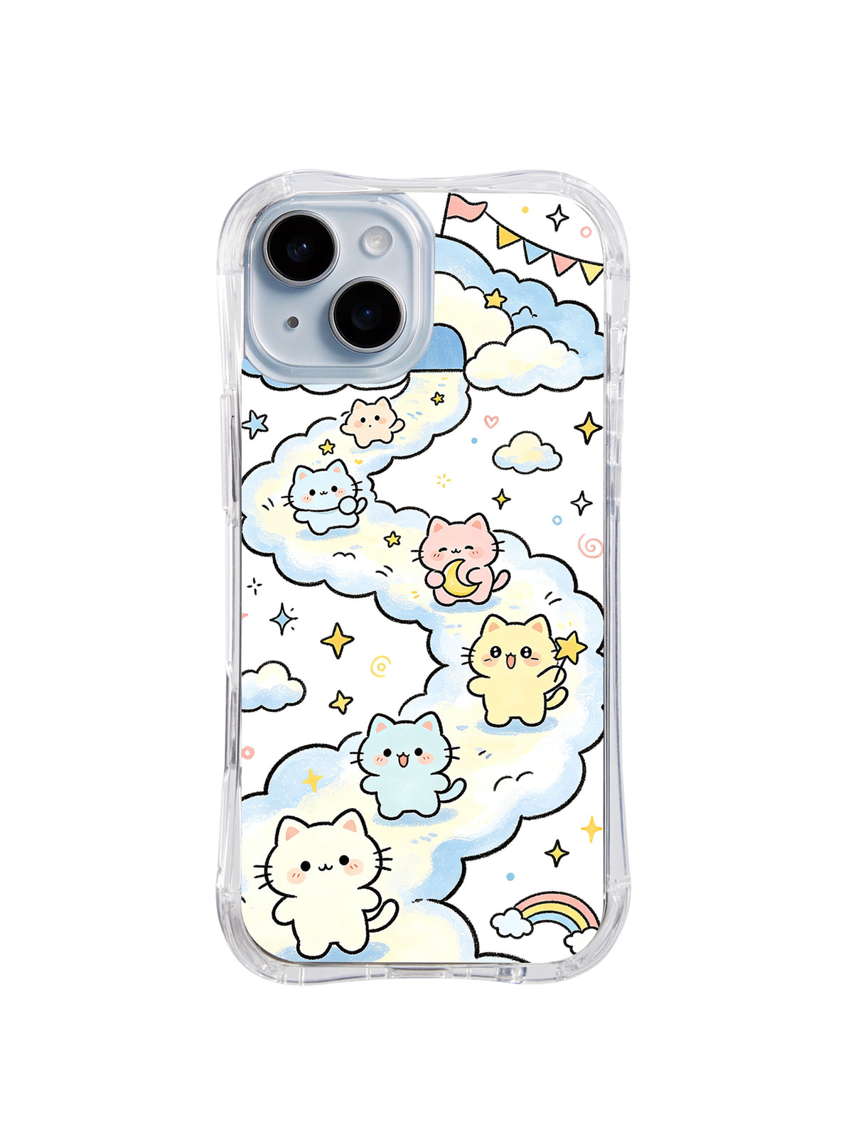 Star Path Cloud Cats: Pastel cats move among layered blue clouds, yellow stars, bunting and tiny rainbows.