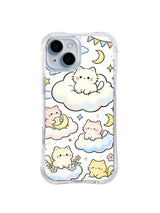 Moonlit Cloud Cat Village: Pastel cats sit on separate clouds around a crescent moon, stars and bunting.
