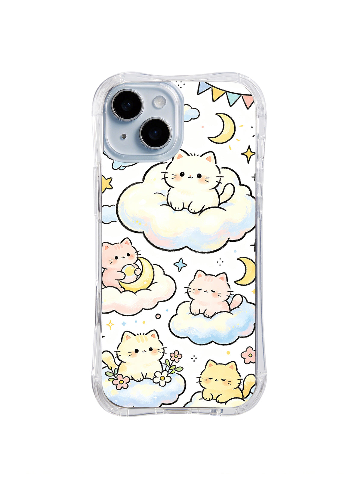 Moonlit Cloud Cat Village: Pastel cats sit on separate clouds around a crescent moon, stars and bunting.