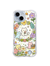 Flower Wreath Cat Garden: Pastel cats gather around a flower wreath with leaves, watering cans and garden blooms.