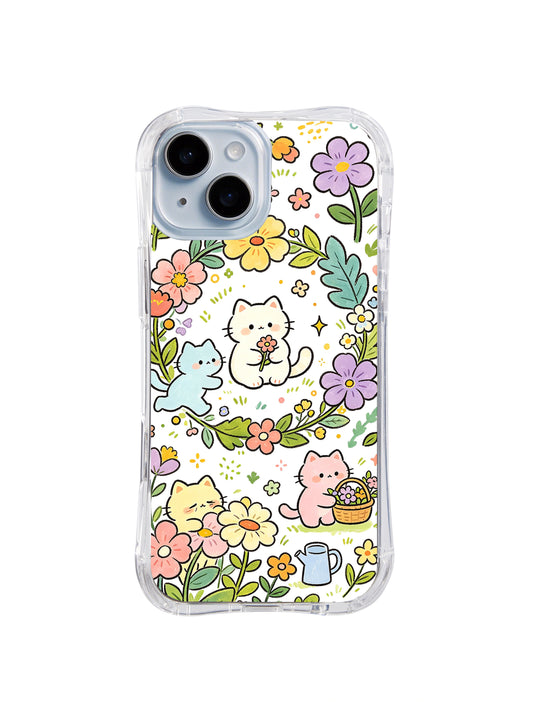 Flower Wreath Cat Garden: Pastel cats gather around a flower wreath with leaves, watering cans and garden blooms.