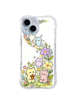 Sunflower Cat Friends: Small pastel cats sit among sunflowers, purple blooms, leaves and scattered petals.