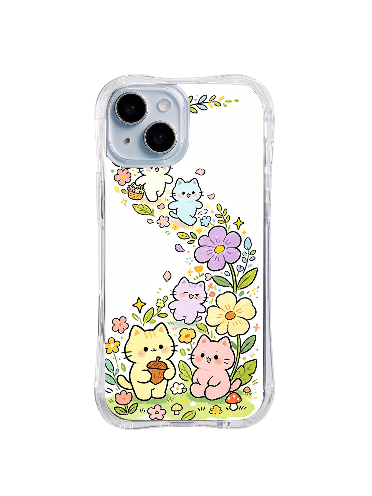 Sunflower Cat Friends: Small pastel cats sit among sunflowers, purple blooms, leaves and scattered petals.