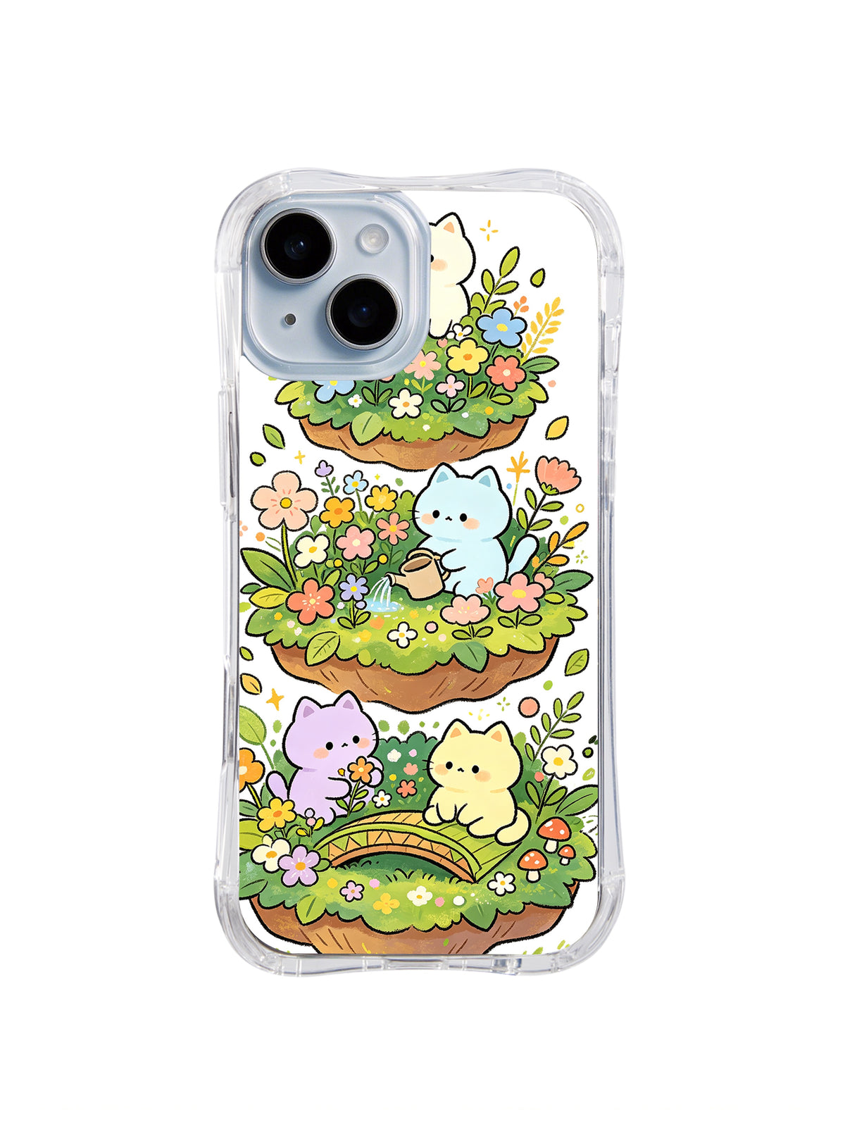 Tiered Magic Flower Forest: Pastel cats explore stacked grassy garden tiers filled with flowers, mushrooms and leaves.