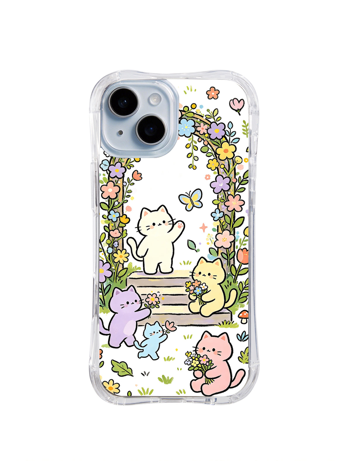 Secret Garden Cat Steps: Pastel cats climb garden steps framed by dense flowers, leaves and butterflies.