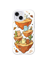 Floating Mesa Cat Adventure: Kovboy kediler kaktüs ve çiçeklerle bezeli yüzen turuncu platolarda durur.