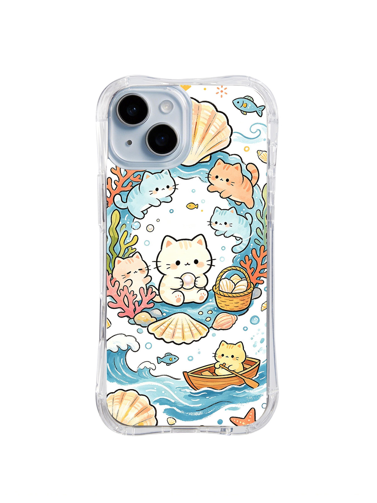 Coral Cove Cat Treasure: Cats explore shells, coral, fish, waves and a treasure basket along a bright seaside cove.