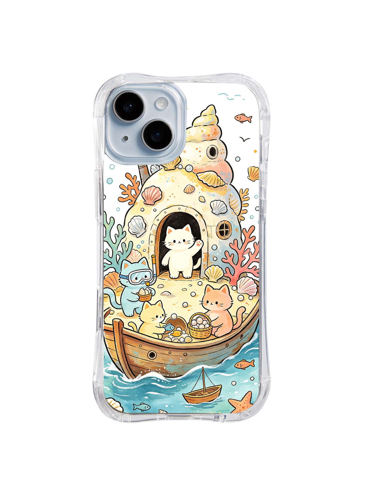 Shell House Cat Harbor: A shell-shaped house and boat hold cats among coral, waves, fish and scattered treasure.