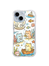 Sailboat Cat Lagoon: Cats sit in shells and a small boat among coral, fish, seaweed and blue waves.