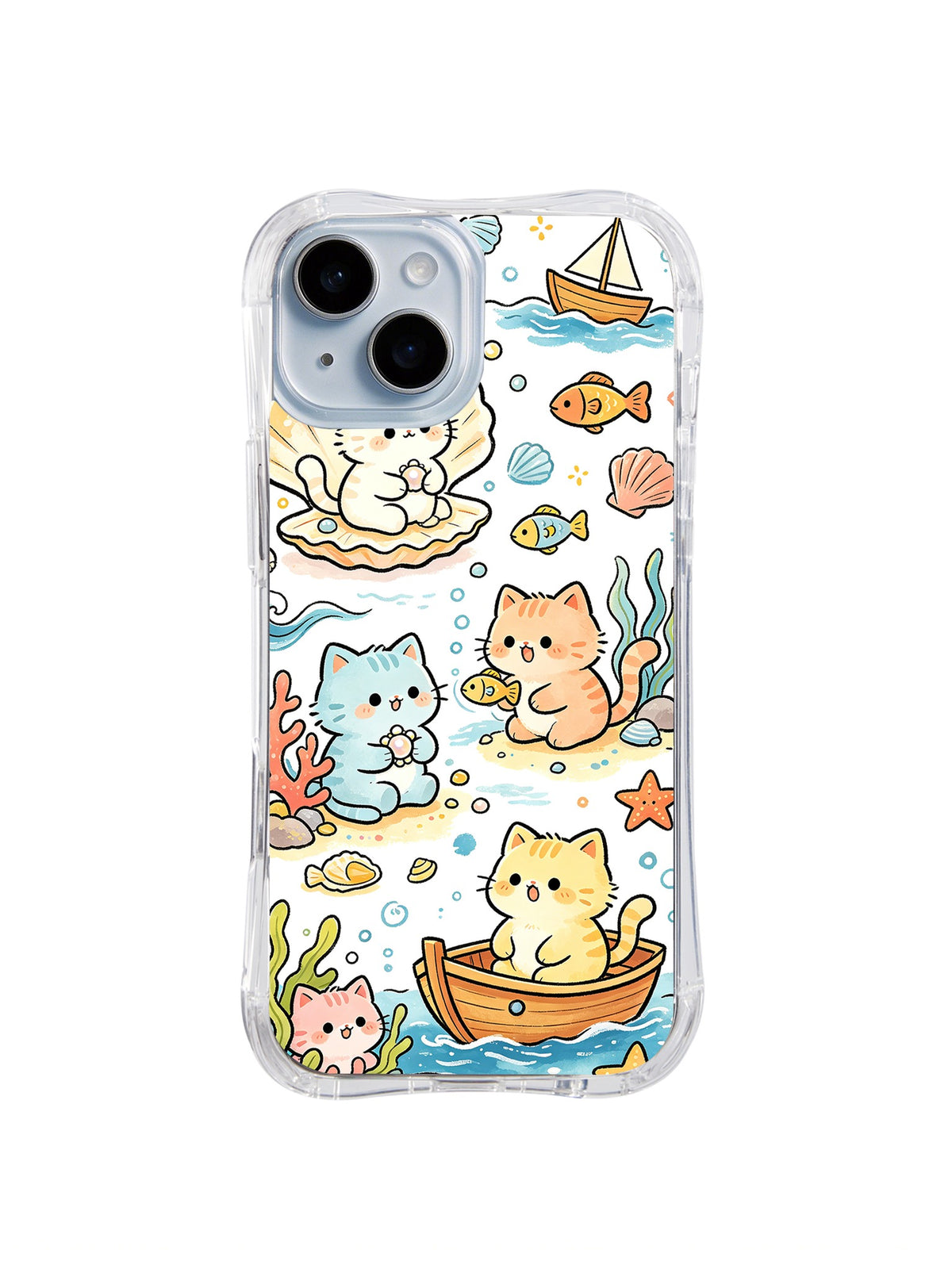 Sailboat Cat Lagoon: Cats sit in shells and a small boat among coral, fish, seaweed and blue waves.