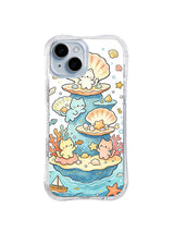 Pearl Island Cat Friends: Cats rest on giant shells and coral islands among pearls, fish, stars and turquoise water.
