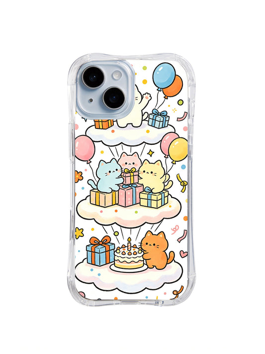 Cloud Birthday Gift Party: Pastel cats celebrate with gifts, cake and balloons on white clouds.
