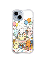 Giant Cake Cat Celebration: Cats gather around a large layered cake with balloons and presents.