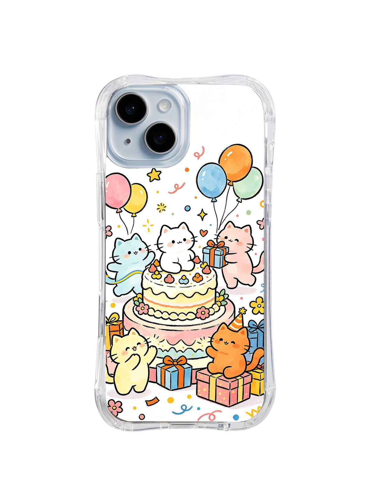 Giant Cake Cat Celebration: Cats gather around a large layered cake with balloons and presents.