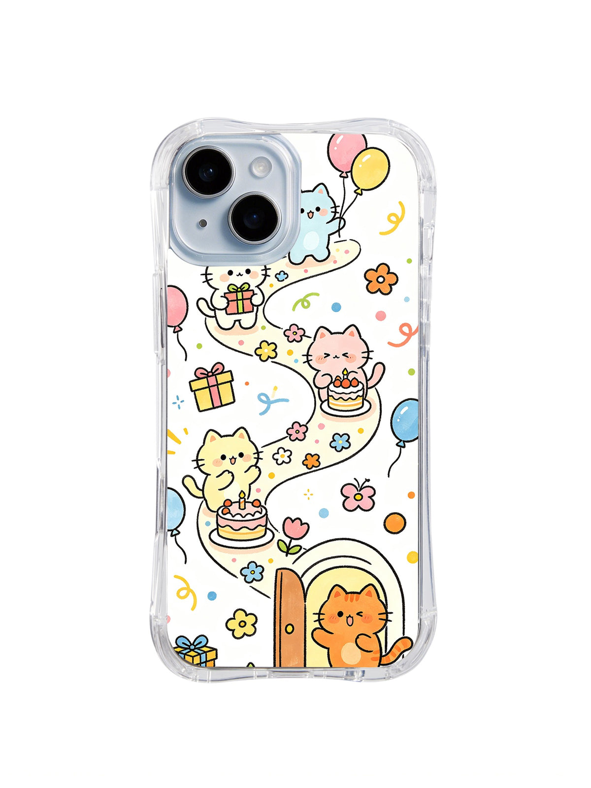 Confetti Birthday Cat House: Cats, cake, balloons and gifts scatter through flowers and confetti.