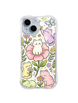 Blooming Cat Meadow: Pastel cats sit on and around large pink flowers beneath butterflies and leafy stems.