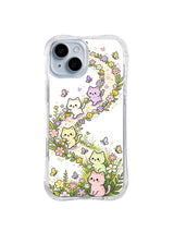 Butterfly Garland Parade: Cats climb a winding garland of pink, yellow and lavender flowers with butterflies.