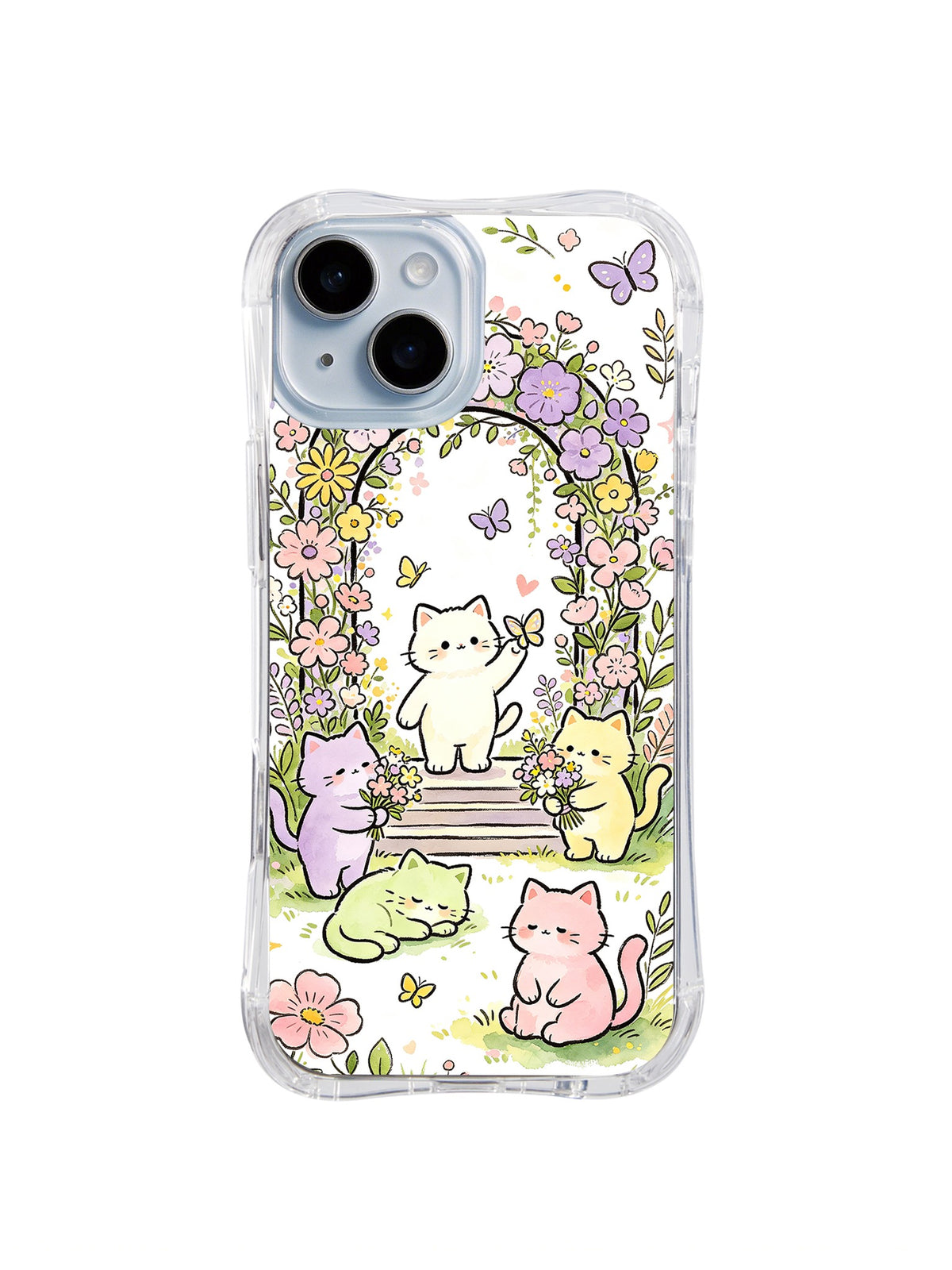 Garden Arch Cat Dreams: Pastel cats gather beneath a dense flower arch with butterflies, steps and leafy borders.