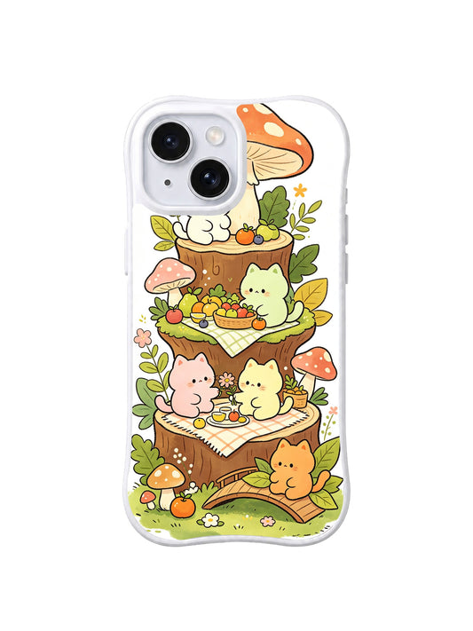 Forest Stump Picnic Cats: Pastel kediler kırmızı mantarlar, yapraklar ve meyve sepetleri altında üst üste ağaç kütüklerinde piknik yapar.