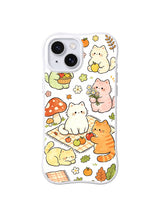 Autumn Orchard Cat Picnic: Krem, pembe, sarı ve turuncu kediler meyve sepetleri, mantarlar ve sonbahar yapraklarıyla toplanır.