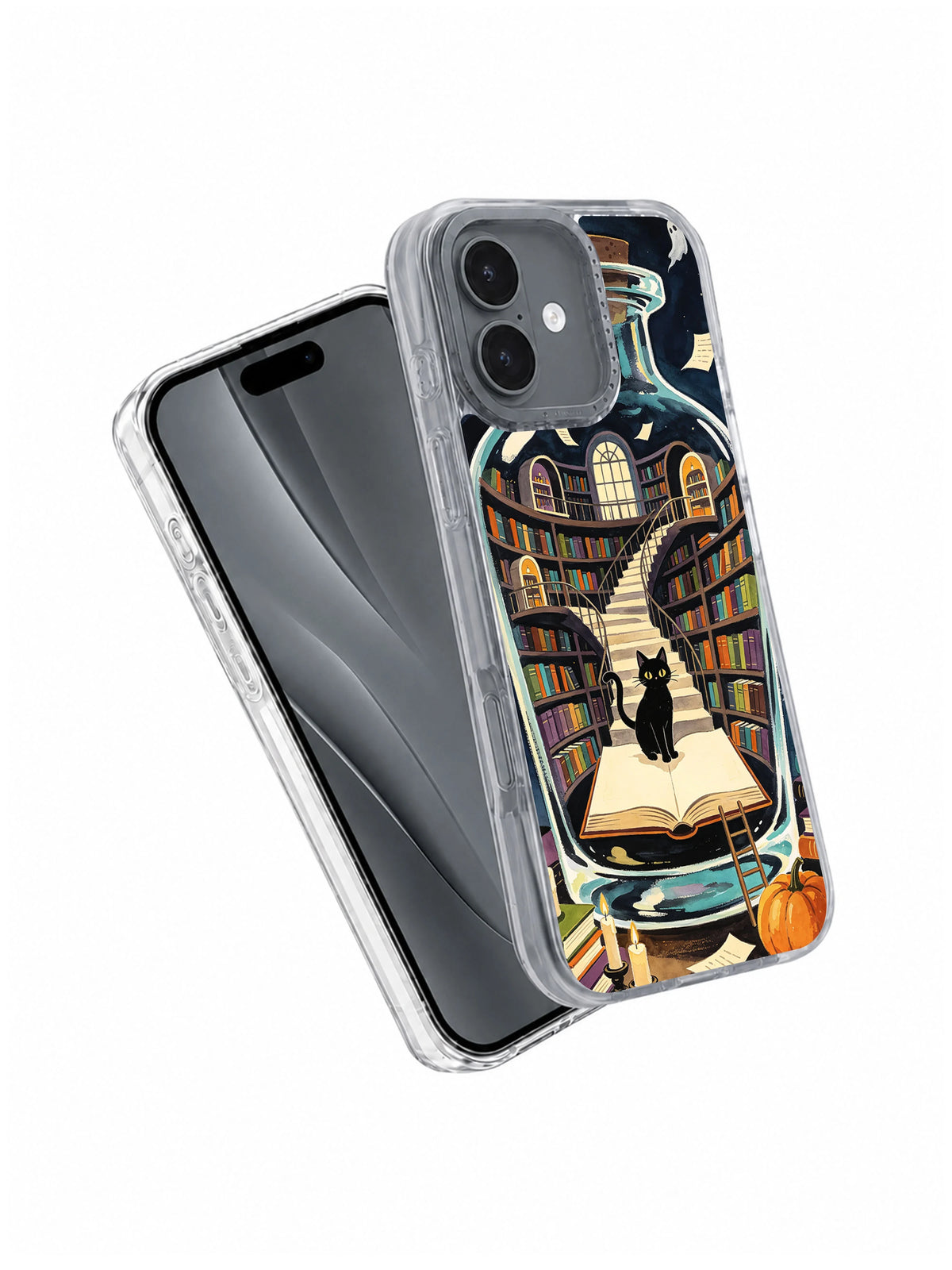 Black Cat Midnight Library iPhone case angled product view