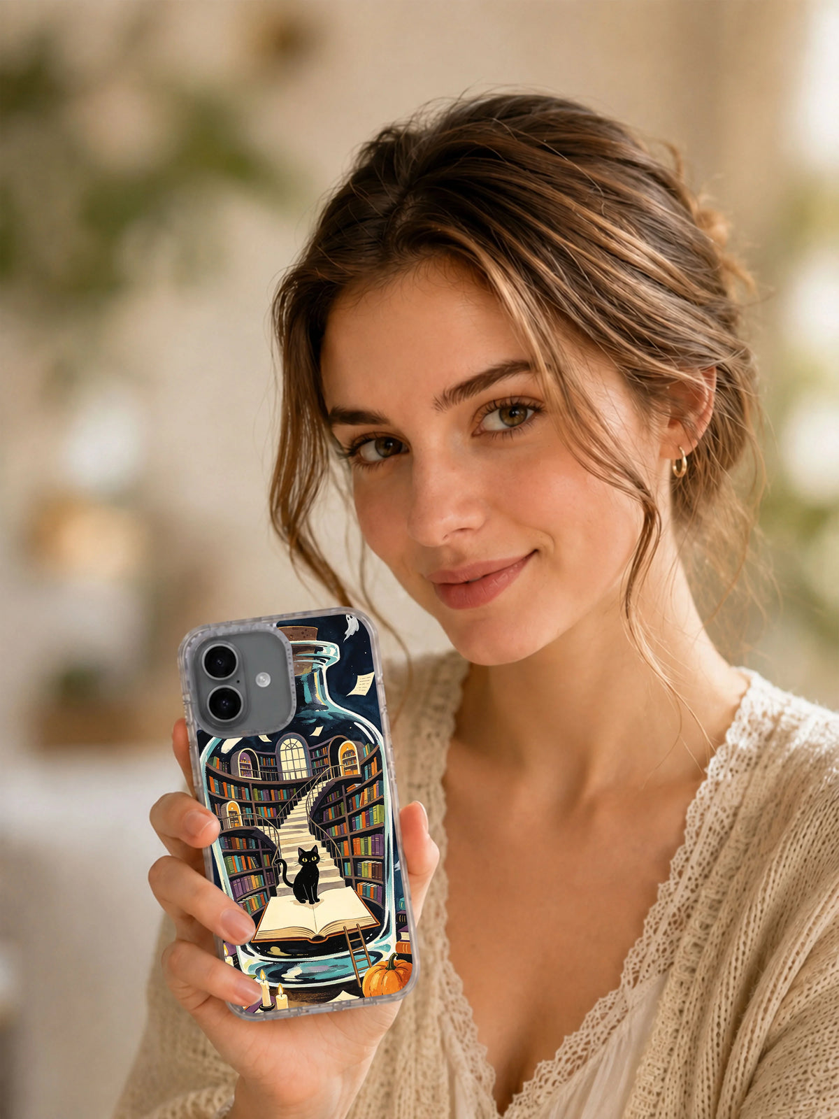Black Cat Midnight Library iPhone case lifestyle view