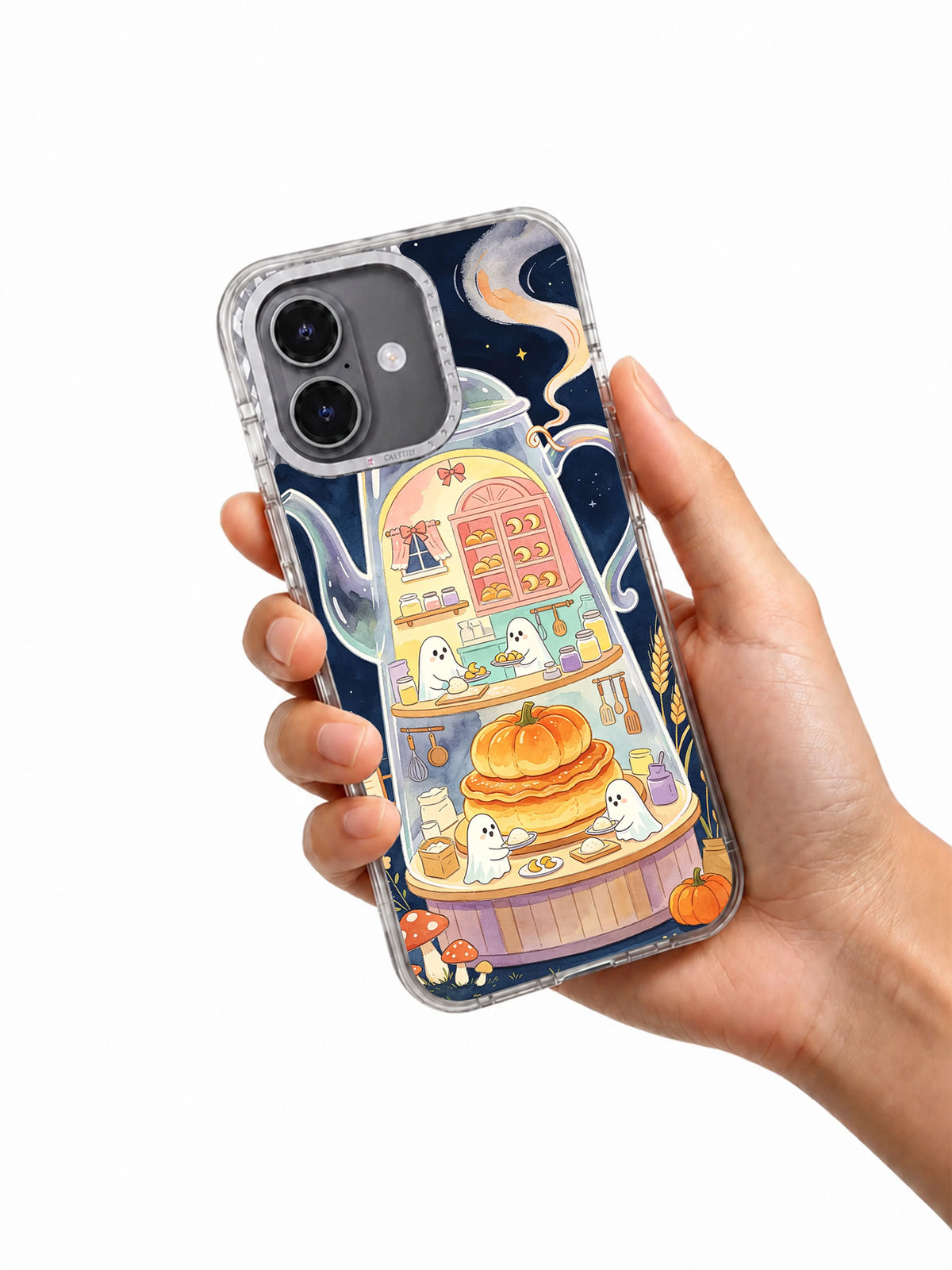 Frosted Ghost Bakery iPhone case held in hand