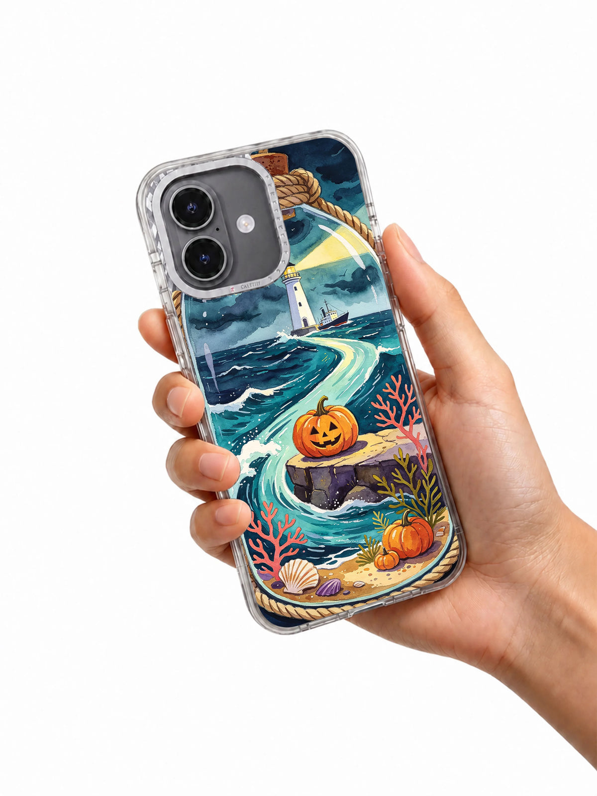 Pumpkin Lighthouse at High Tide iPhone case held in hand