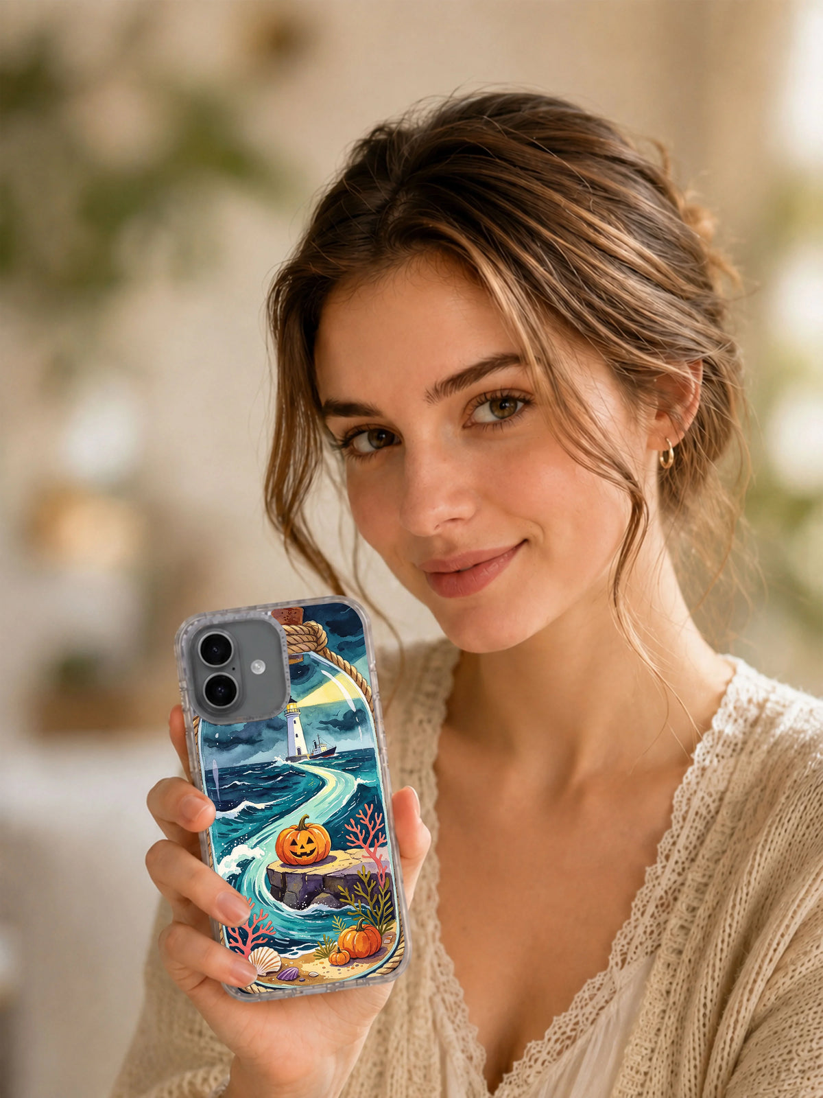 Pumpkin Lighthouse at High Tide iPhone case lifestyle view