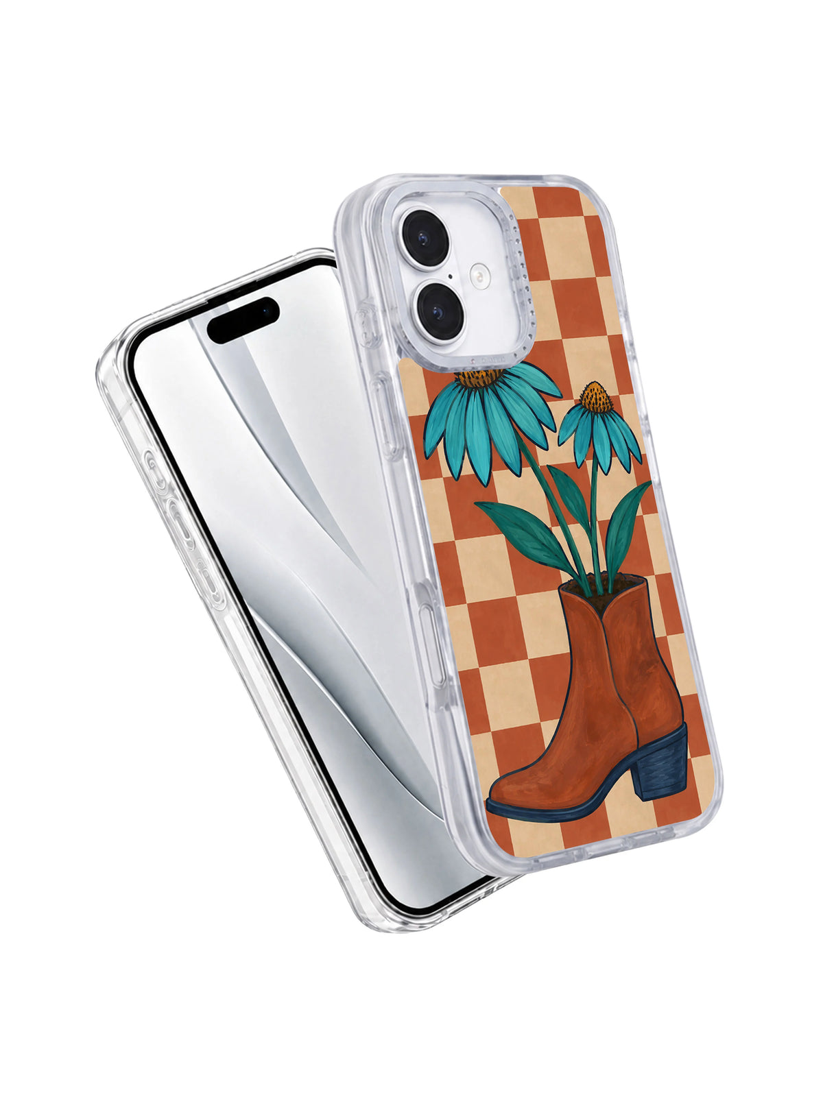 Wildflowers Borrow a Boot iPhone 17 Case angled clear shell view