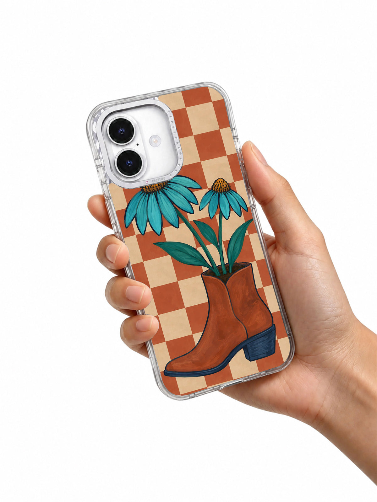 Wildflowers Borrow a Boot iPhone 17 Case hand-held lifestyle view